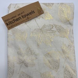Fall Leaves Ivory and Gold Kitchen Towels Set of 2